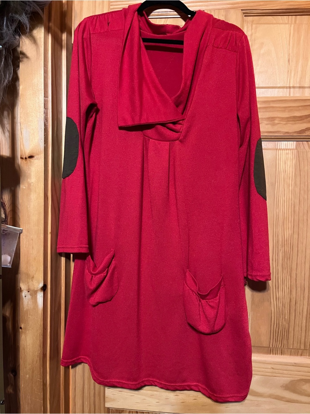 Reborn Red Long-Sleeve Dress with Cowl Neck and Elbow Patches